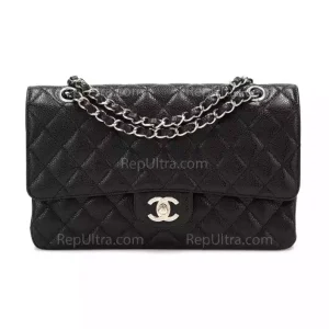Medium Classic Handbag In Black Grained Calfskin And Silver-Tone Metal - CB001 - view 01