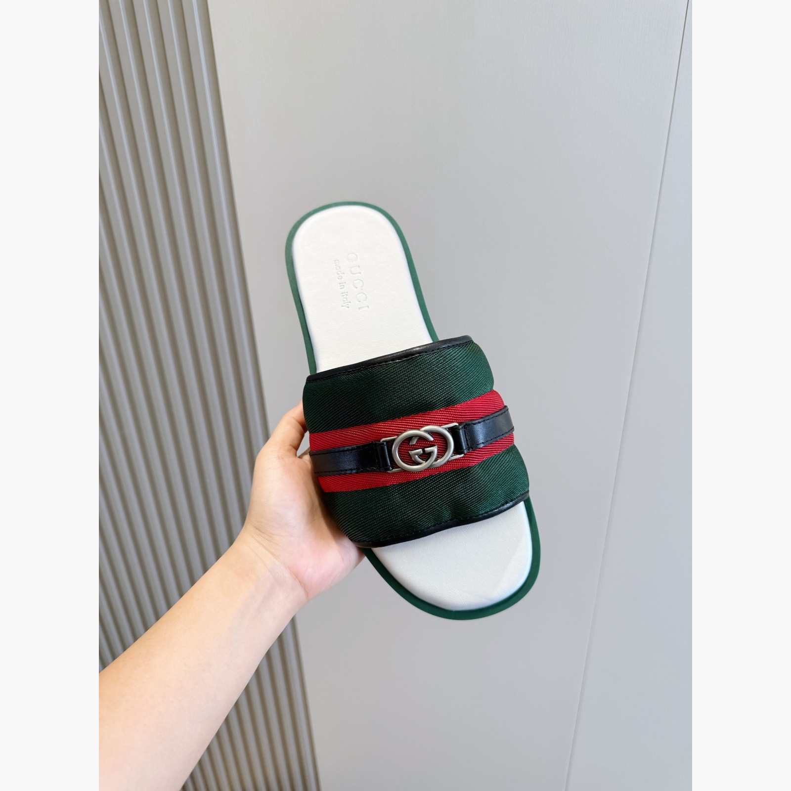 Gucci Men's Riviera Web Stripe Slide Sandals – Green/Red alternate product view 2