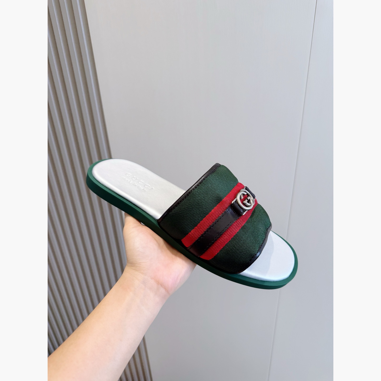 Gucci Men's Riviera Web Stripe Slide Sandals – Green/Red alternate product view 3