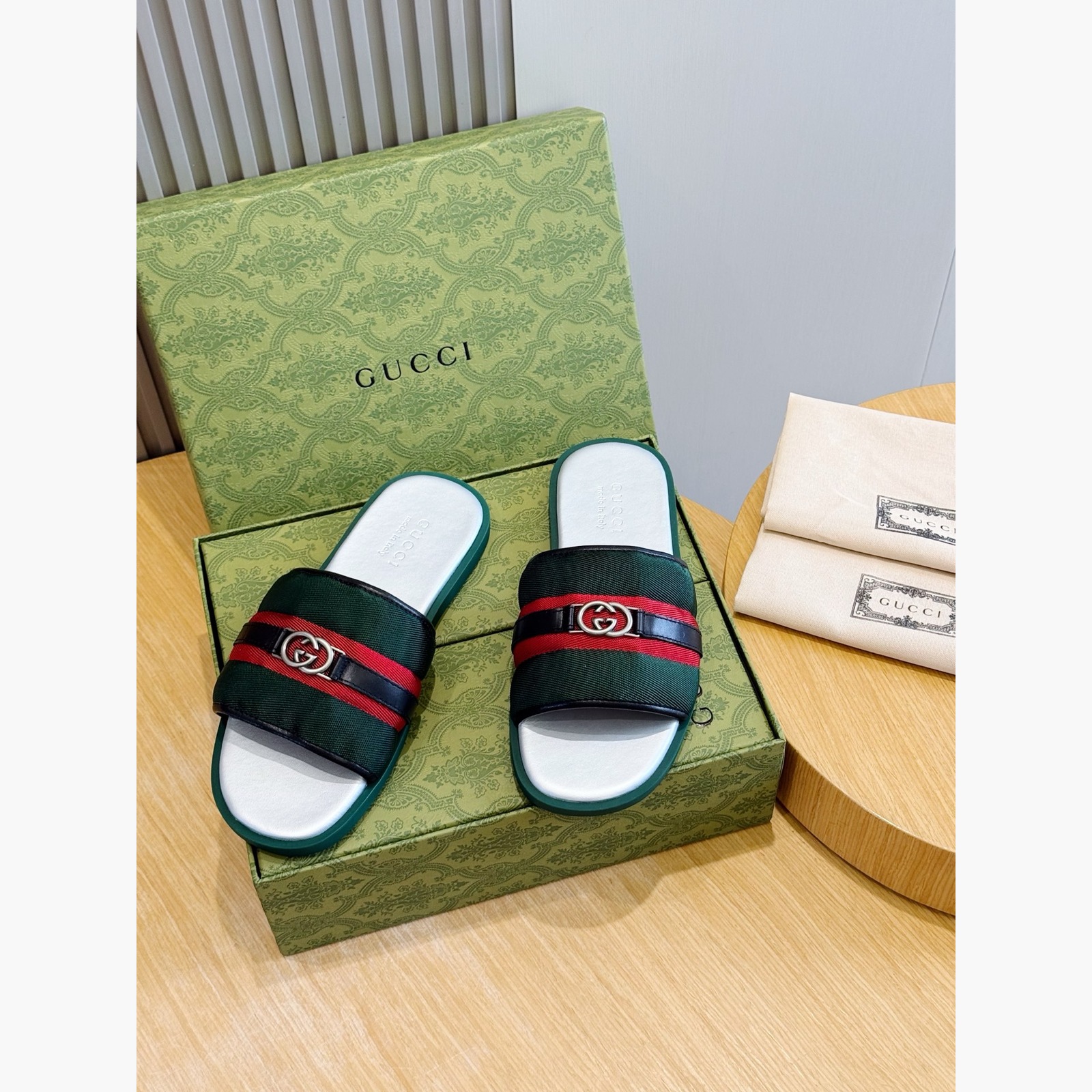 Gucci Men's Riviera Web Stripe Slide Sandals – Green/Red alternate product view 4