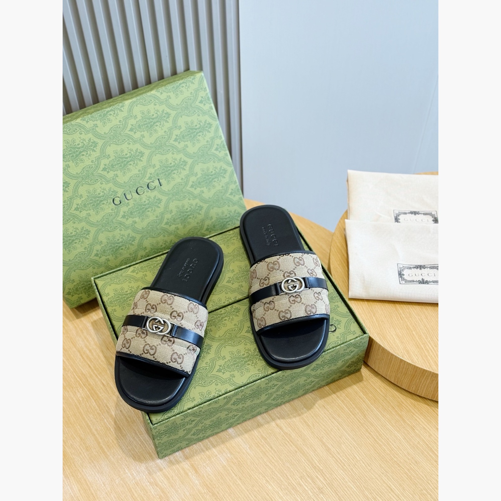 Gucci Men's GG Supreme Double G Slide Sandals – Beige/Black main product view