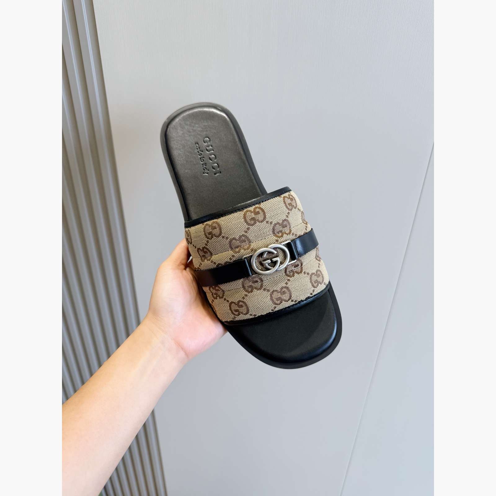 Gucci Men's GG Supreme Double G Slide Sandals – Beige/Black alternate product view 3