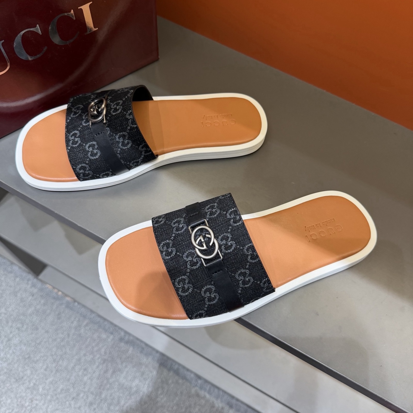Gucci Men's GG Supreme Double G Slide Sandals – Black/Brown alternate product view 1