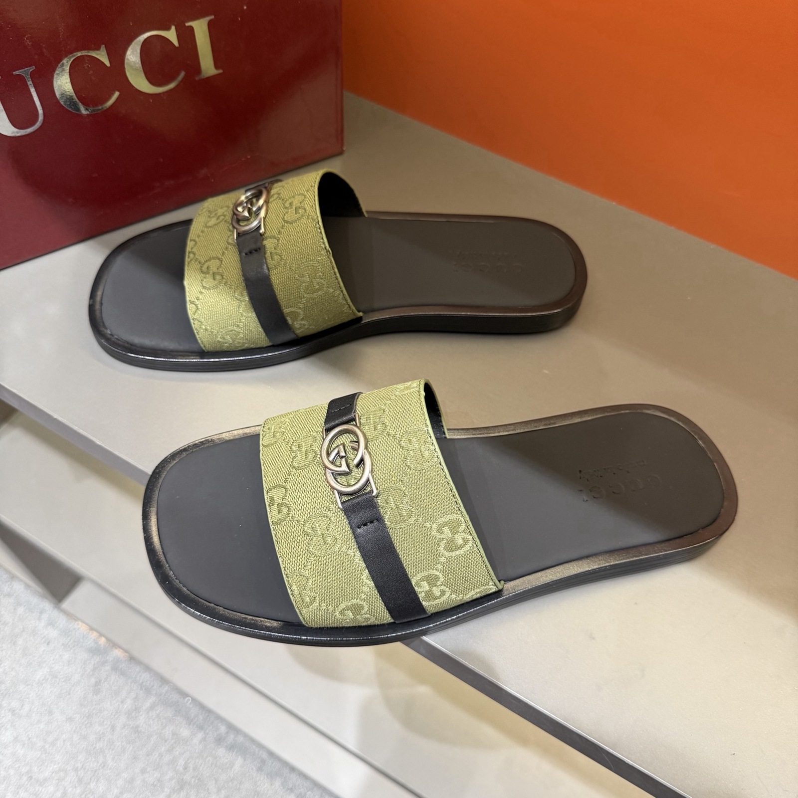 Gucci Men's GG Supreme Double G Slide Sandals – Green/Black alternate product view 1