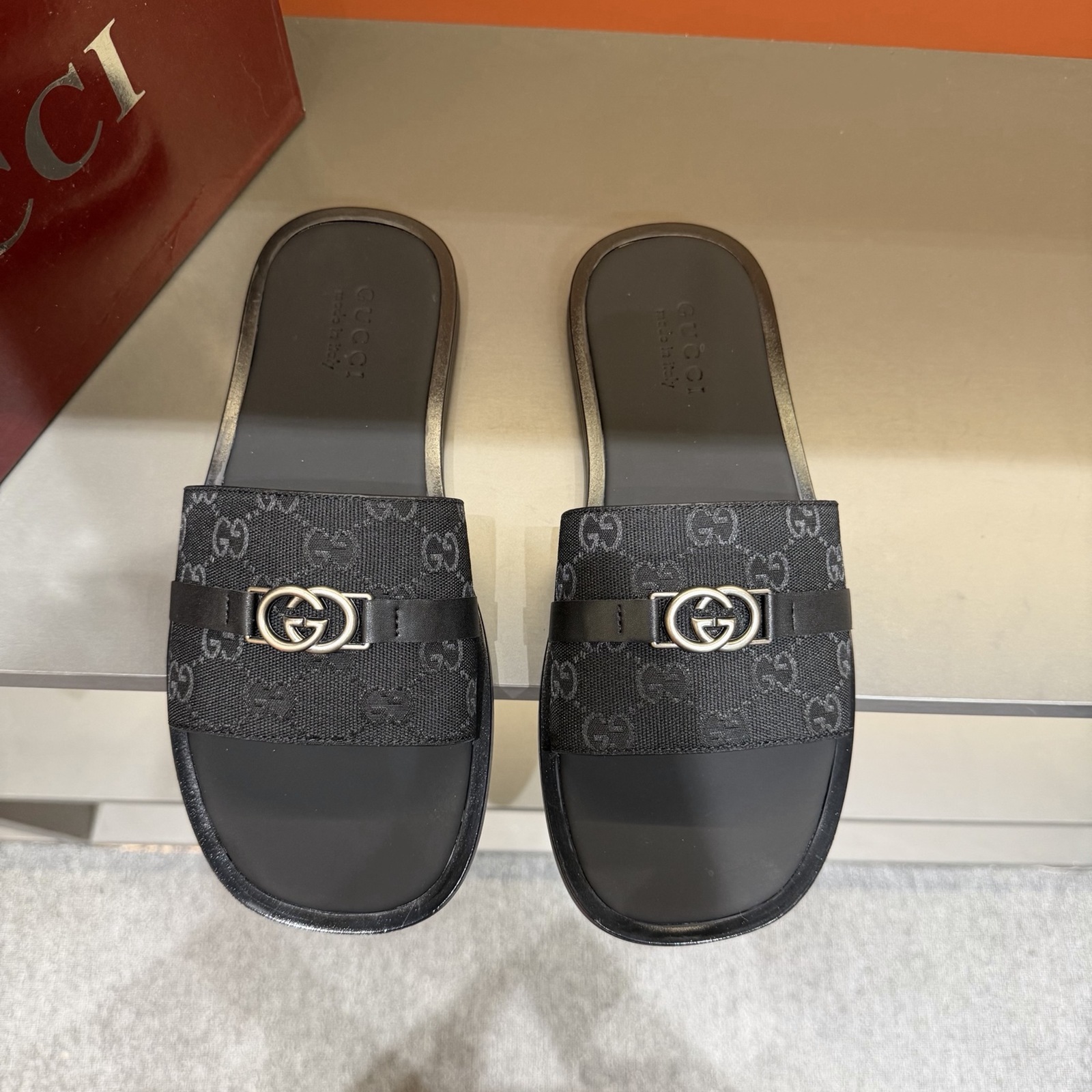 Gucci Men's GG Supreme Double G Slide Sandals – Black/Gray main product view
