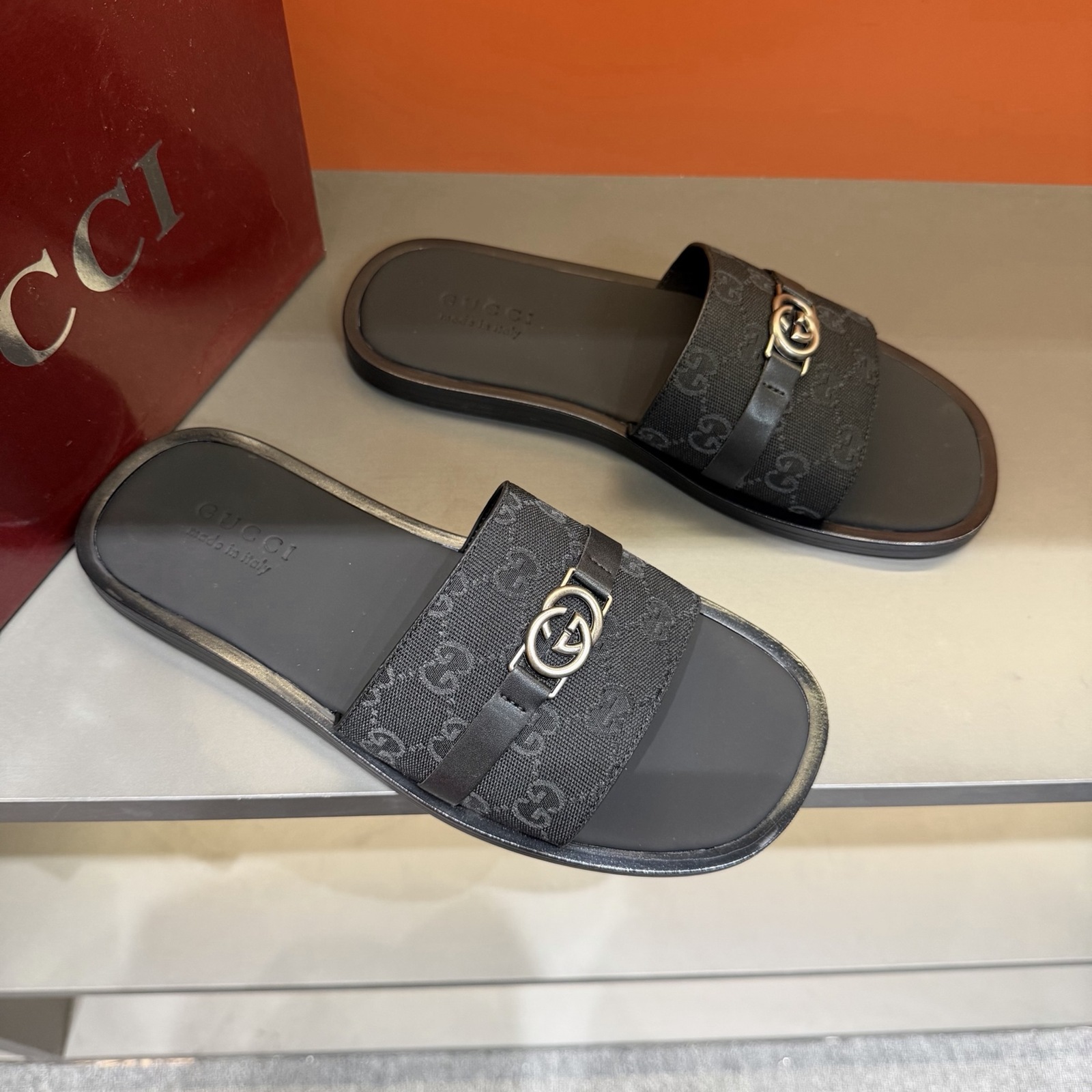Gucci Men's GG Supreme Double G Slide Sandals – Black/Gray alternate product view 2