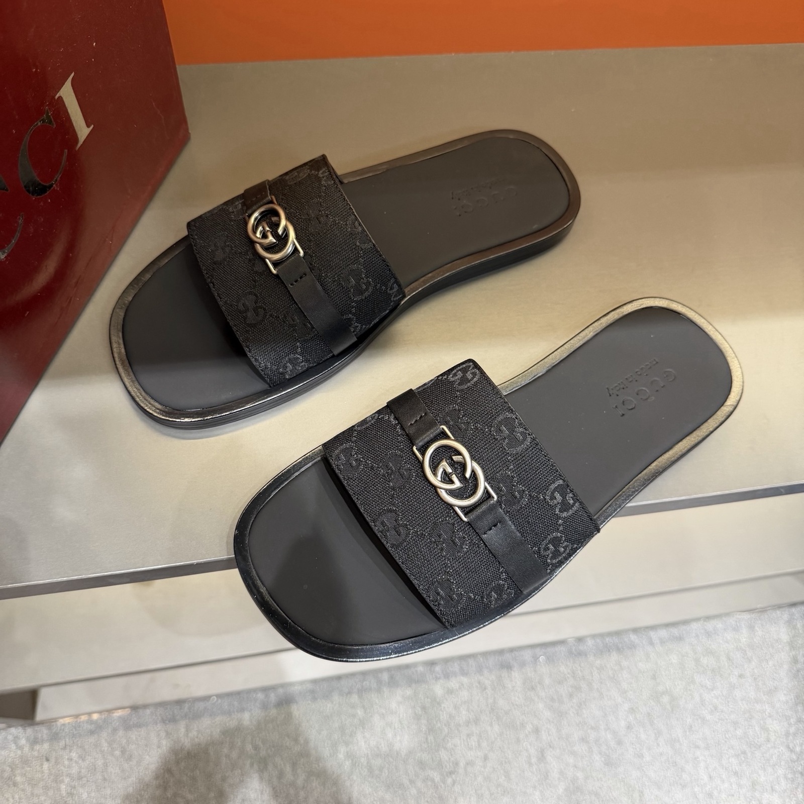 Gucci Men's GG Supreme Double G Slide Sandals – Black/Gray alternate product view 3