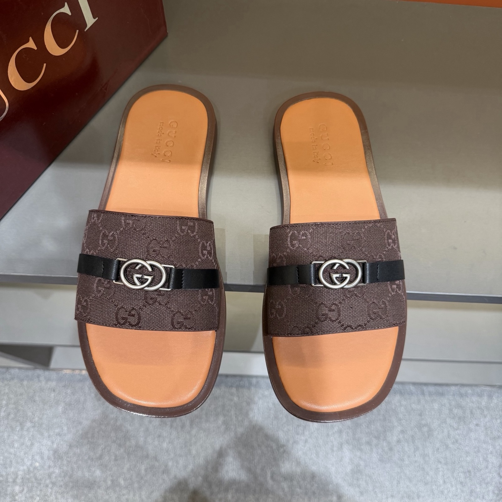 Gucci Men's GG Supreme Double G Slide Sandals – Brown/Tan main product view