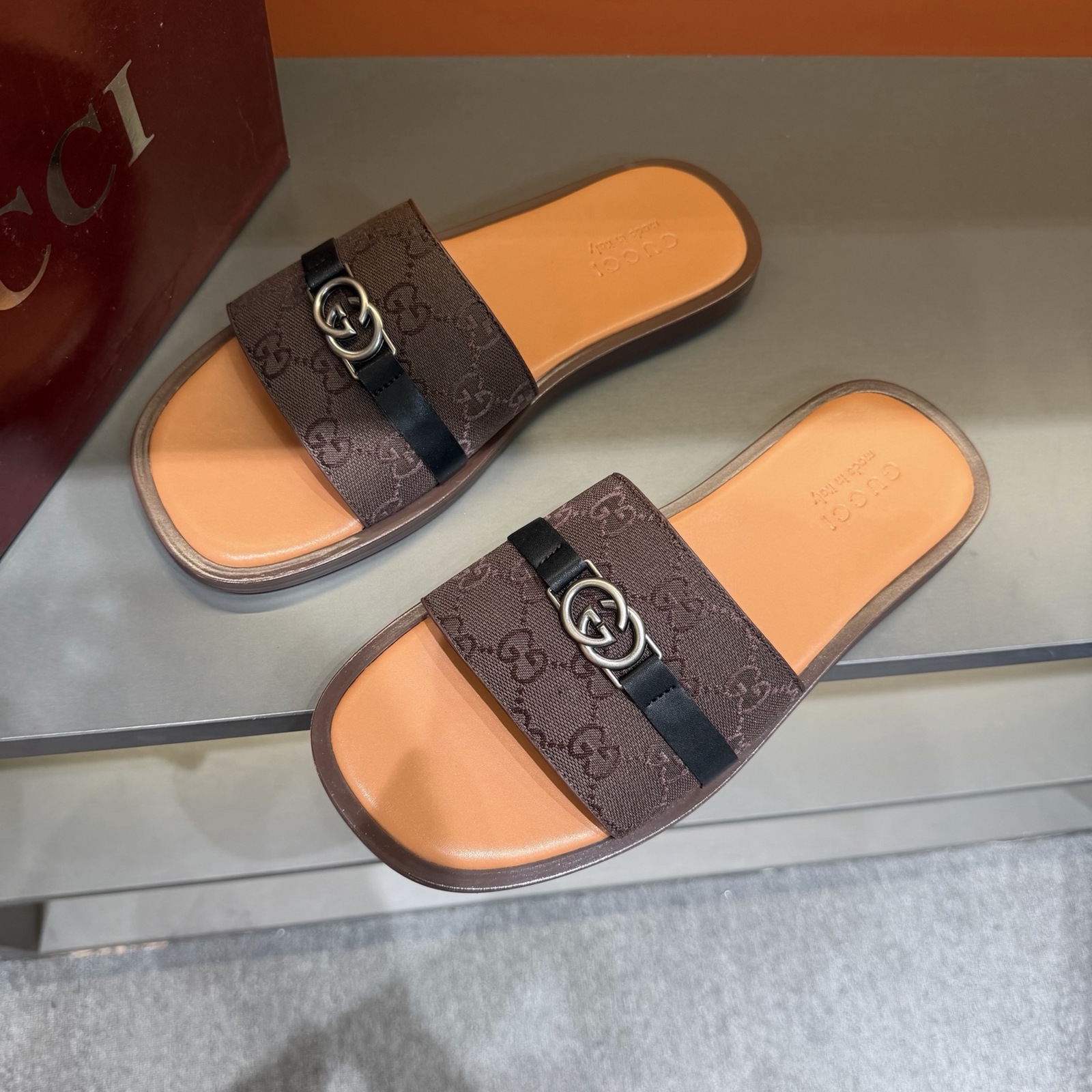 Gucci Men's GG Supreme Double G Slide Sandals – Brown/Tan alternate product view 3