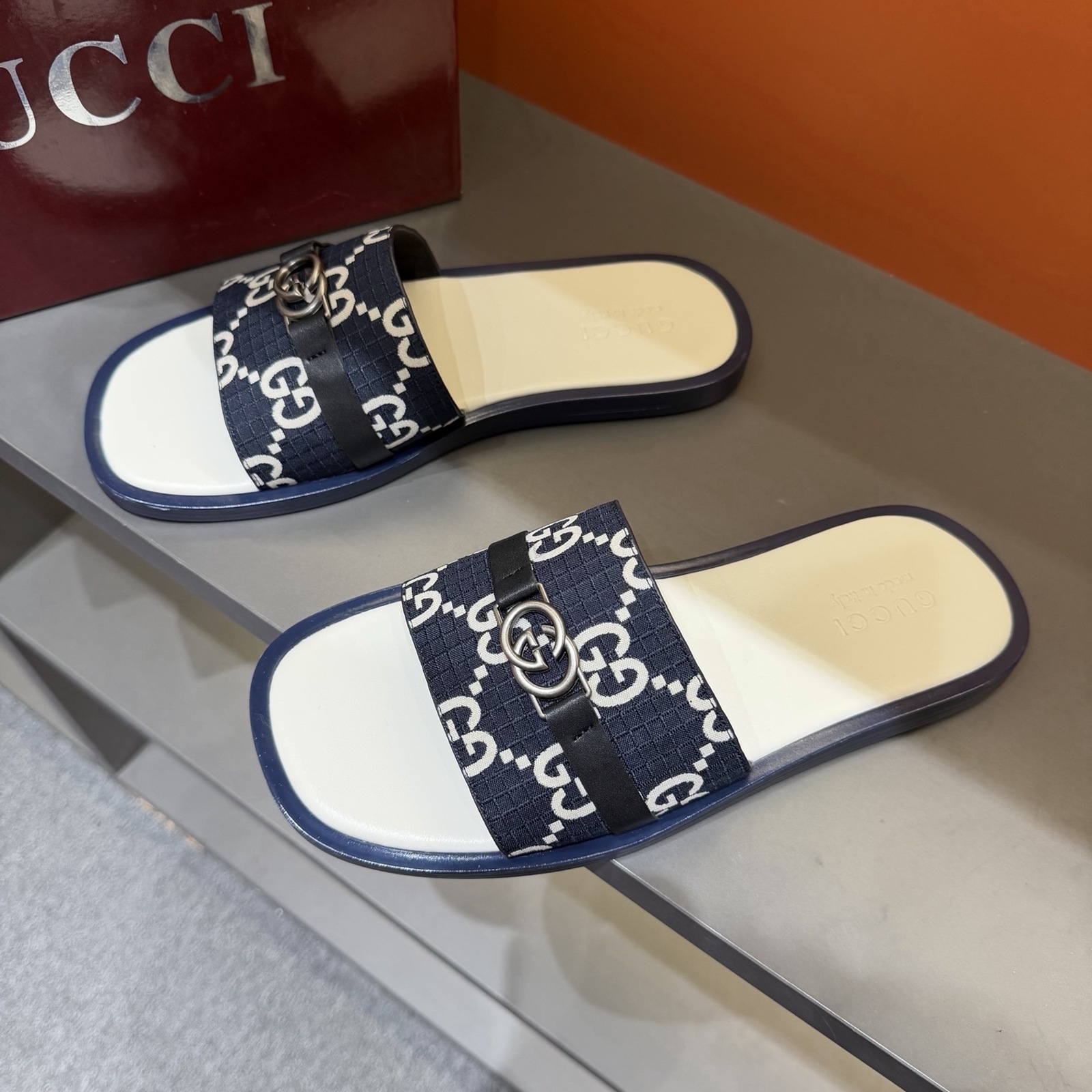 Gucci Women's GG Supreme Double G Slide Sandals – Blue/White alternate product view 1