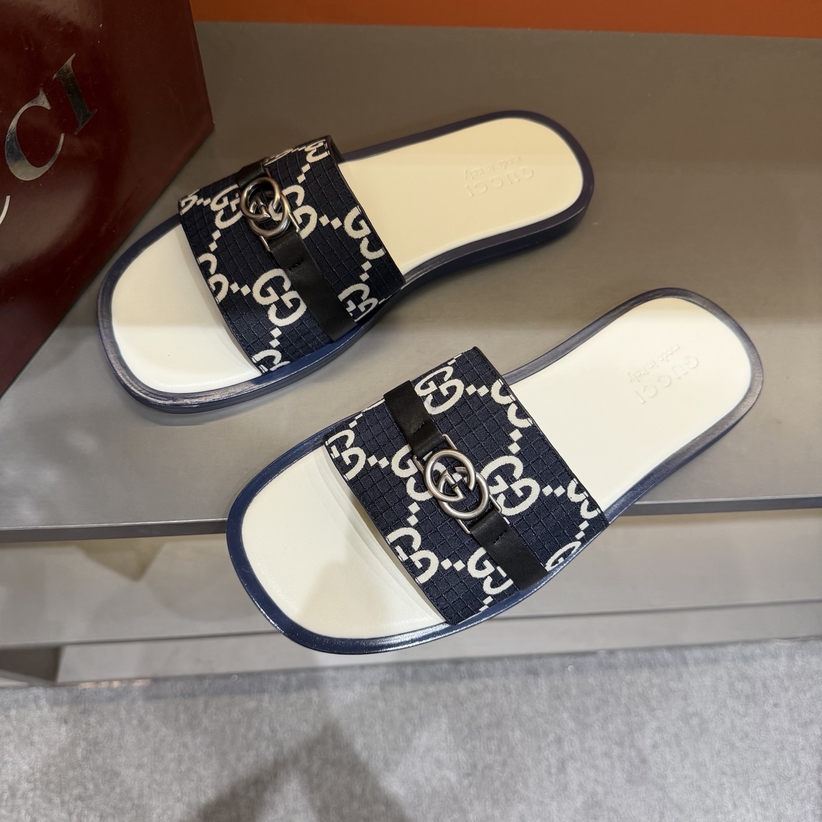 Gucci Women's GG Supreme Double G Slide Sandals – Blue/White alternate product view 3