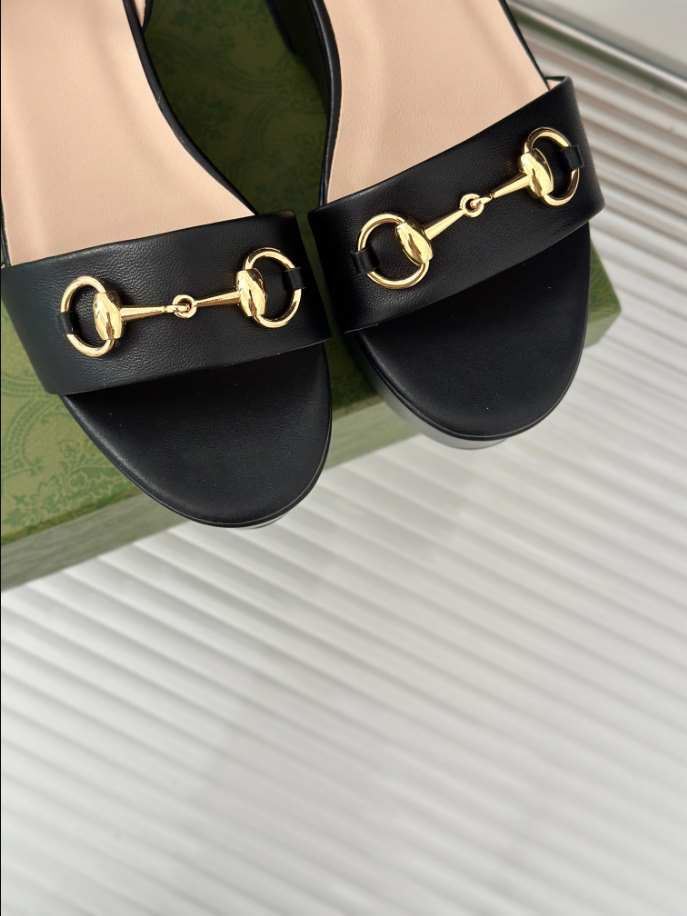 Women’s Horsebit Flatform Black Leather Sandal Reps - SC028 - view 02