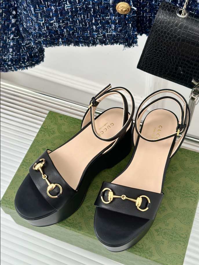 Women’s Horsebit Flatform Black Leather Sandal Reps - SC028 - view 03