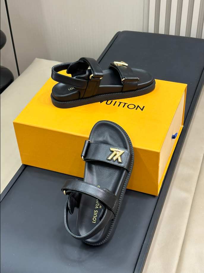 LV Sunset Flat Comfort Black Sandals Reps - SLV009 - view 05