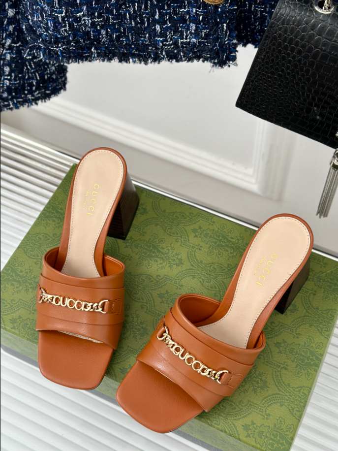 Gucci Leather Signoria Heeled Brown Sandals 75 Reps - SC005 - view 02