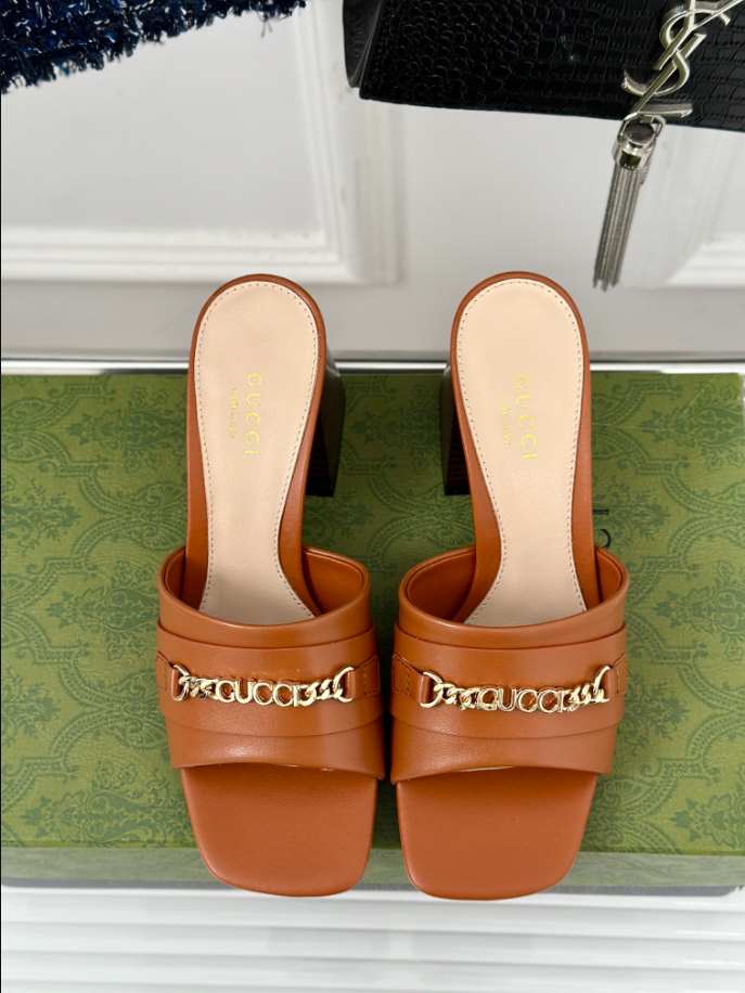 Gucci Leather Signoria Heeled Brown Sandals 75 Reps - SC005 - view 03