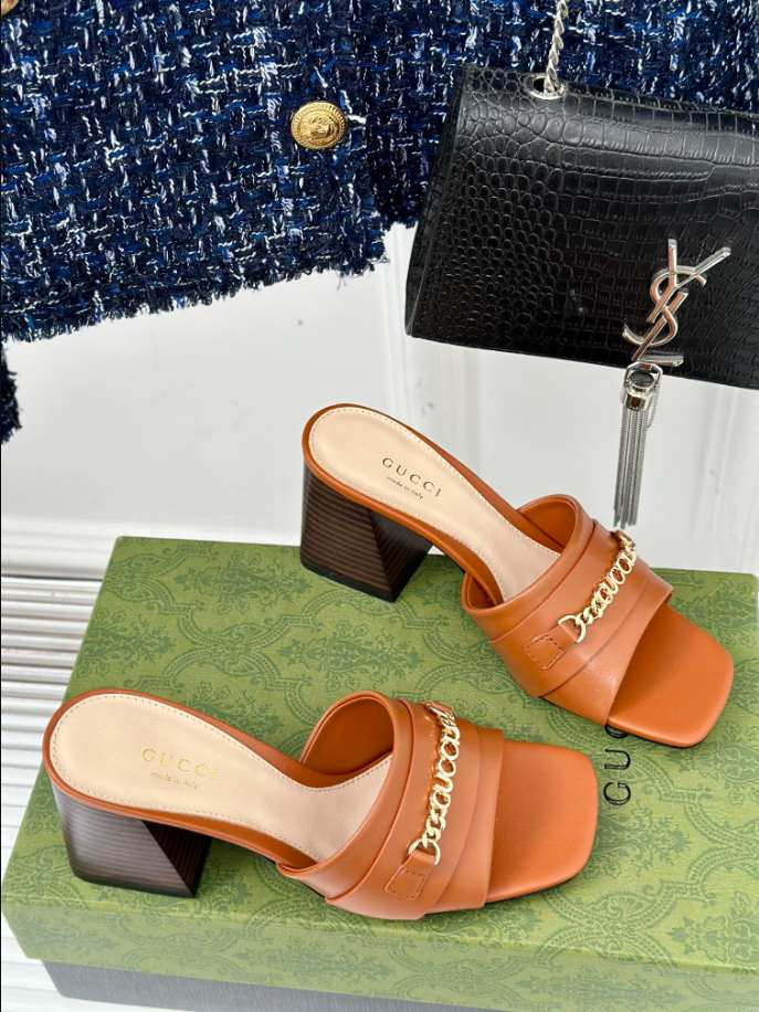 Gucci Leather Signoria Heeled Brown Sandals 75 Reps - SC005 - view 04
