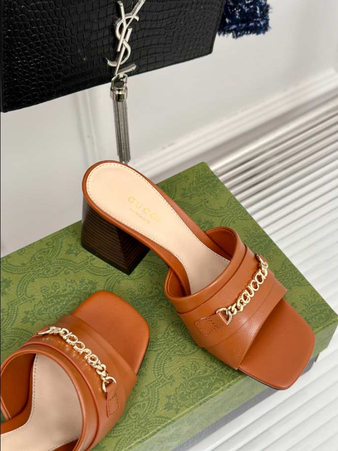 Gucci Leather Signoria Heeled Brown Sandals 75 Reps - SC005 - view 06