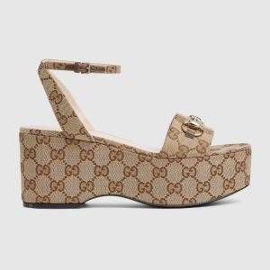 Women’s Horsebit Flatform Beige and Ebony Original GG Canvas Sandal Reps - SC006 - view 01