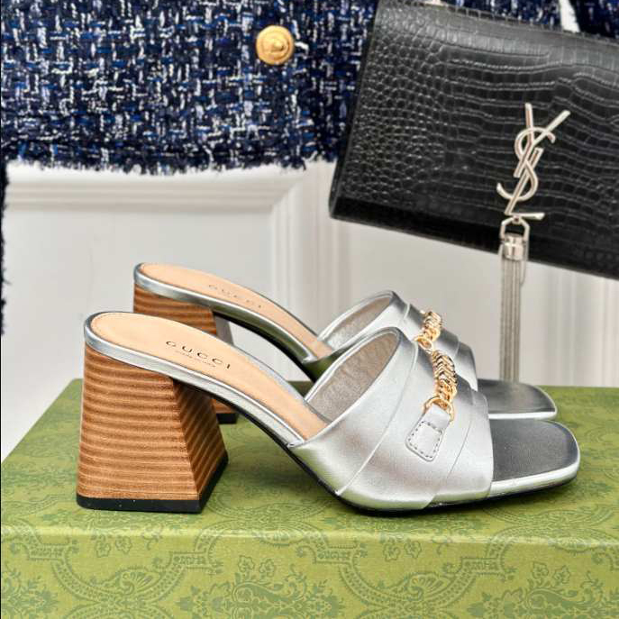 Gucci Leather Signoria Heeled Silver Sandals 75 Reps - SC025 - view 01