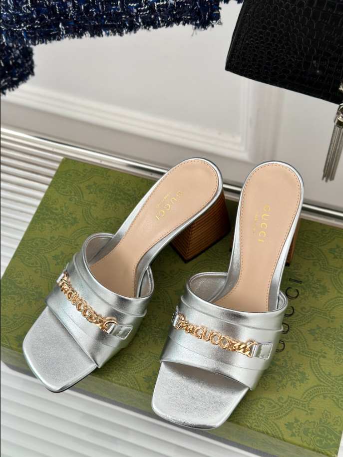 Gucci Leather Signoria Heeled Silver Sandals 75 Reps - SC025 - view 02
