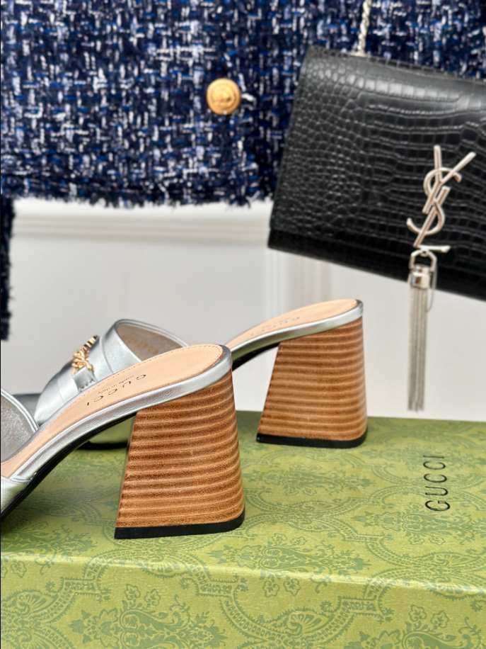 Gucci Leather Signoria Heeled Silver Sandals 75 Reps - SC025 - view 06