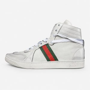 White Gucci Stretch La Famiglia high-top sneaker side view