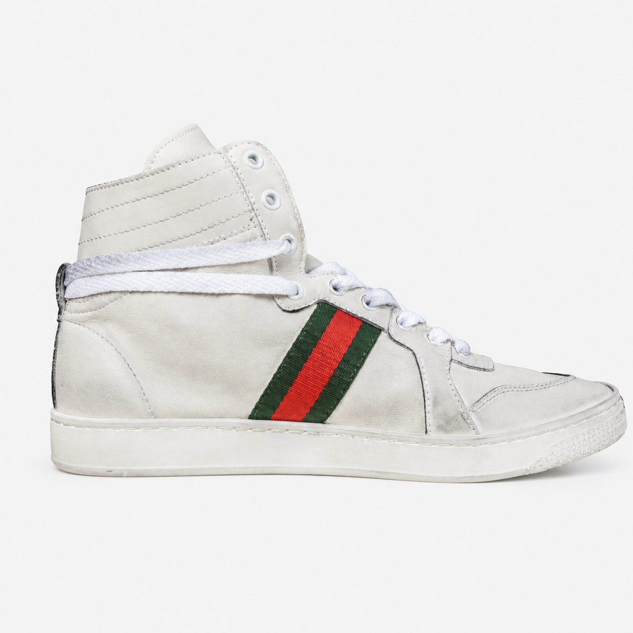 White Gucci Stretch La Famiglia high-top sneaker opposite side view