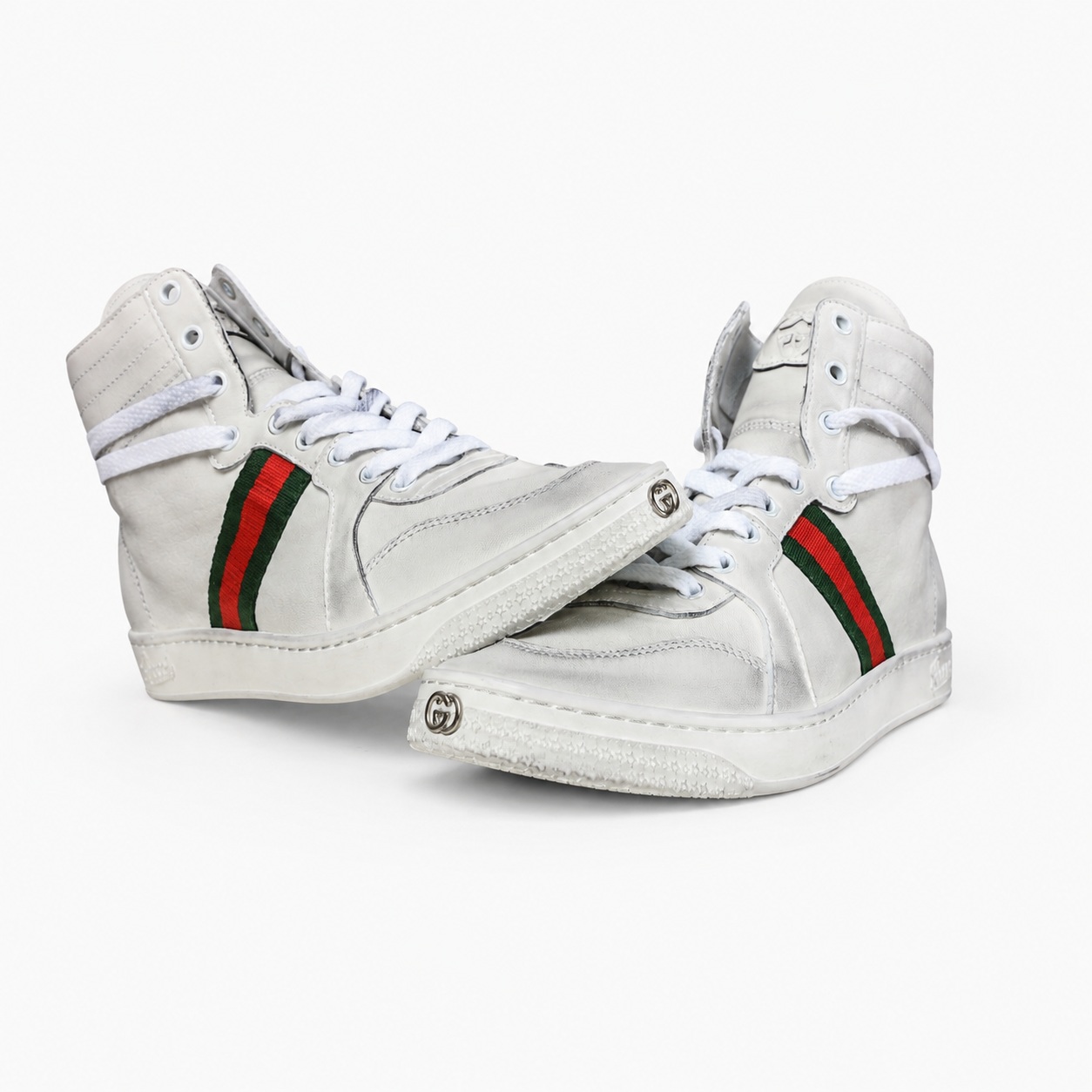 White Gucci Stretch La Famiglia high-top sneakers angled pair view