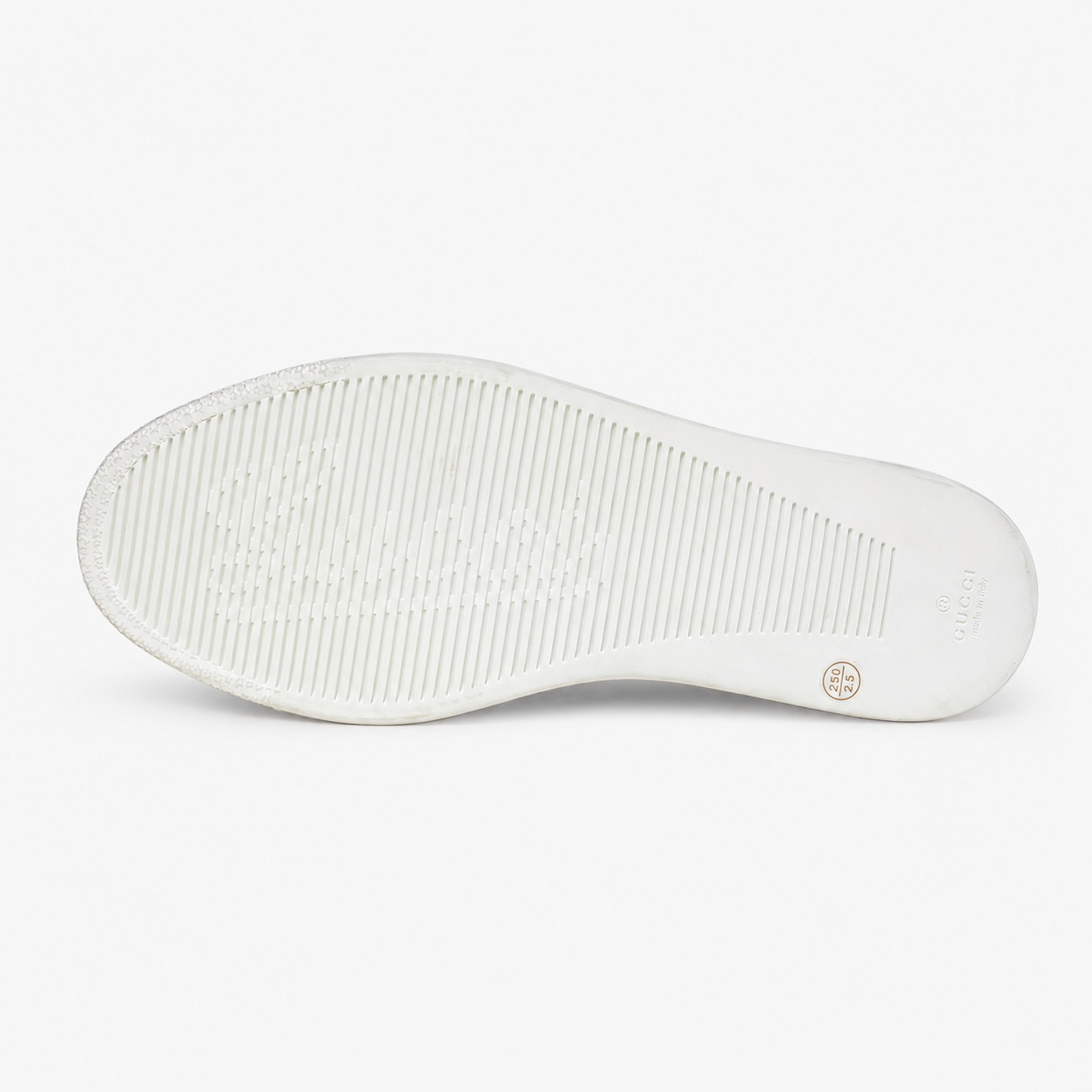 White Gucci Stretch La Famiglia high-top sneaker outsole view